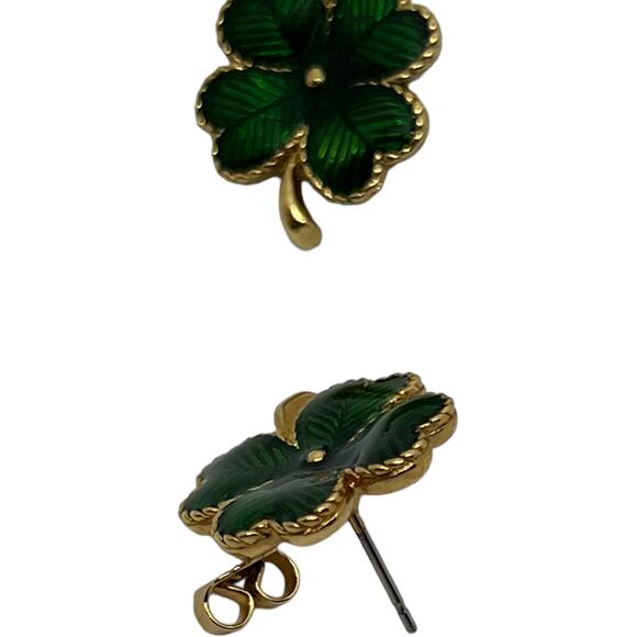 Vintage Avon Green Gold Shamrock Clover Earrings 1990s St. Patrick's Day Jewelry - Picture 5 of 8